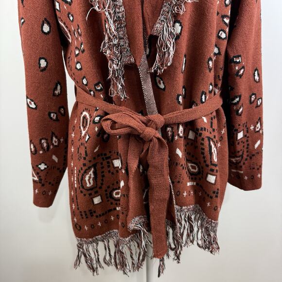 On Twelfth Rust Brown Bandana Print Cardigan XL Fringe Belted Boho Western Wool - Picture 4 of 13